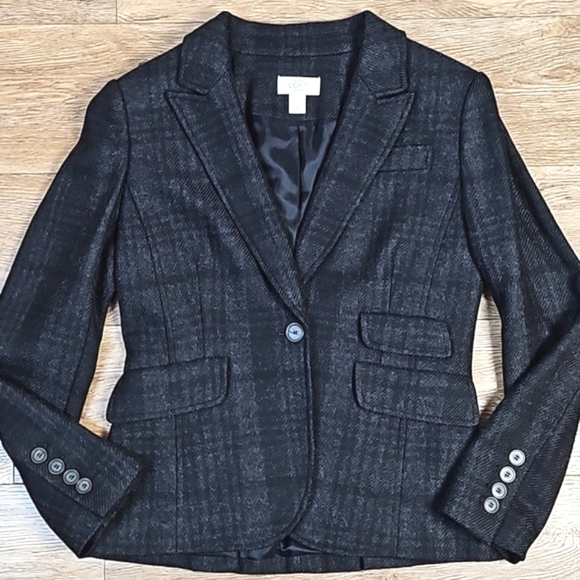 Ann Taylor Loft Petites Wool Blend Charcoal Gray & Black Plaid Jacket Bl… - Picture 1 of 16
